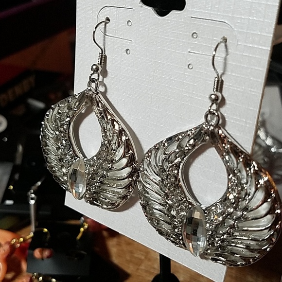 Wings SILVER TONE & RHINESTONE 1 1/2" Earrings - Picture 3 of 3